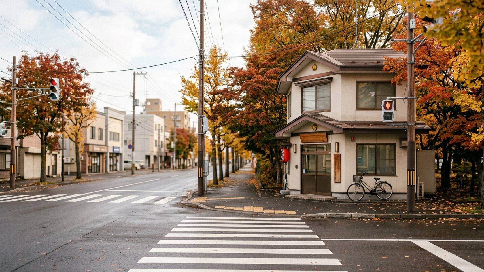 A calm Sapporo street corner with a generic police box and a crosswalk in soft daylight